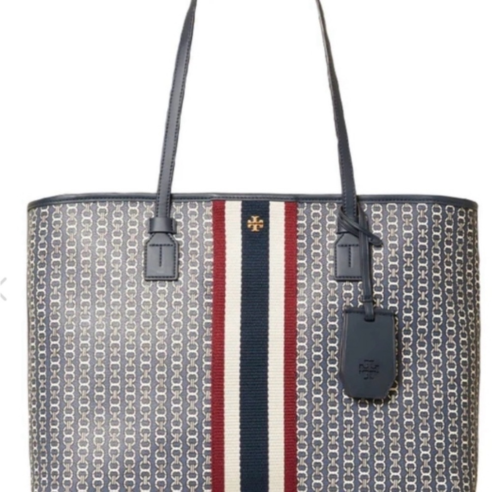 Tory Burch Patterned Tote with Navy and Red Stripes